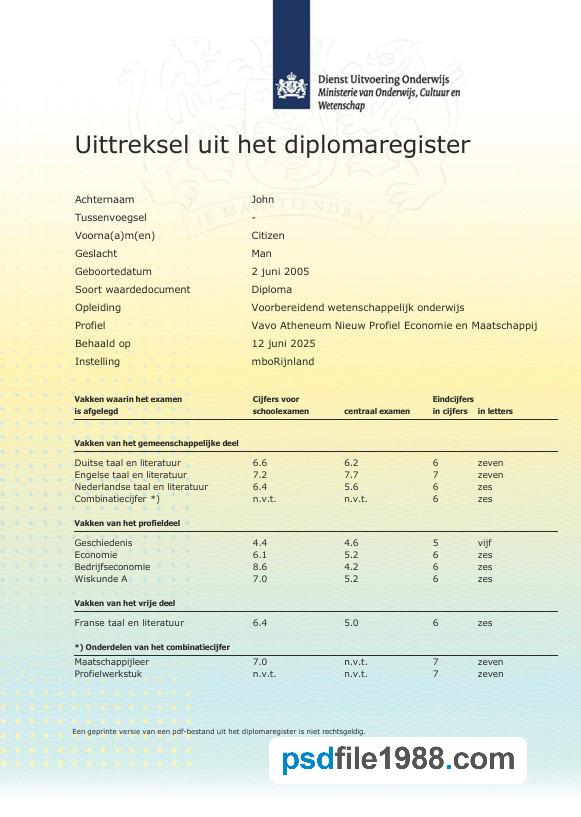 Netherlands MboRijnland Diploma Register Extract Word and PDF Template